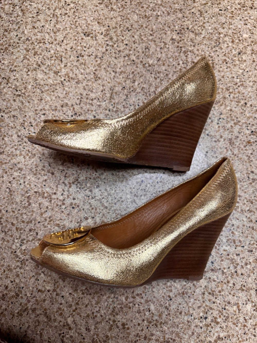 Tory Burch Gold Metallic Peep-toe Wedge Pumps - Women's Elegant Slip-On Heels